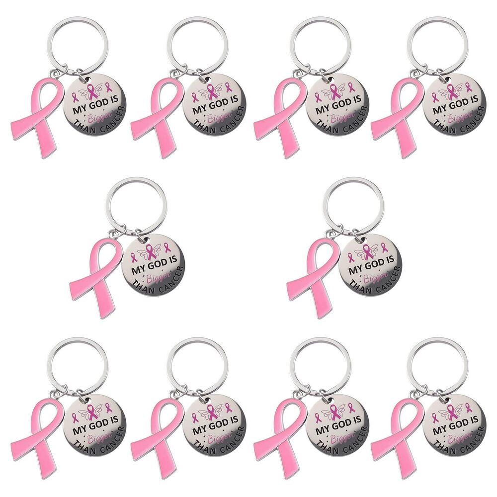 6041 10 PCS Pink October Keychain, Pink Ribbon Breast Cancer Awareness